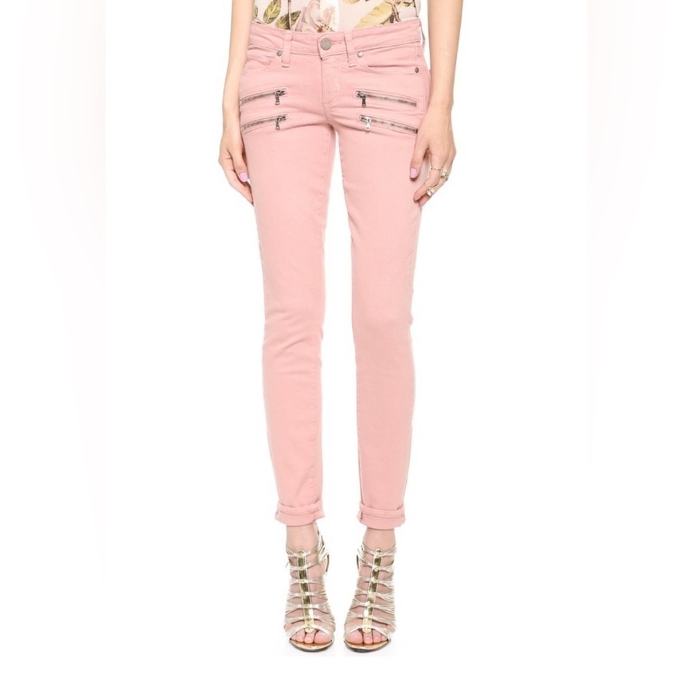 Paige Denim Muted Pink Edgemont Pink Zipper Moto Skinny Jeans Stretch Size 25